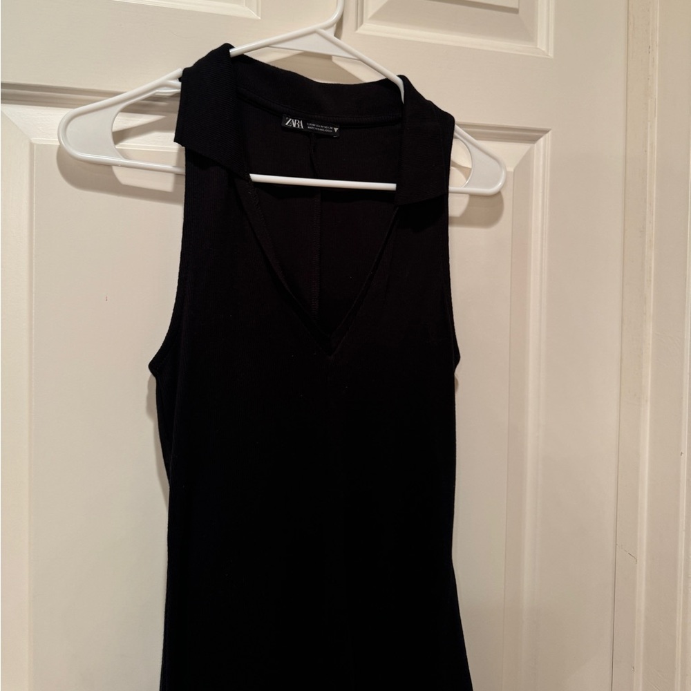 Zara Lapel Collared Ribbed Black Dress - Picture 4 of 7